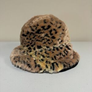 Vintage Liz Claiborne Bucket Hat Womens Leopard Faux Fur Animal Print Plush Soft